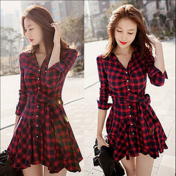 Womens Lady Long Sleeve Ruffles Office Ladies Casual Flannel Plaid Check Button Down Top Layer Shirt Dress