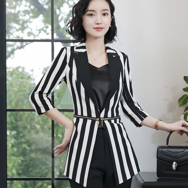 Fashion stripe half sleeve women blazer New elegant plus size formal slim jackets office ladies work wear uniform black white