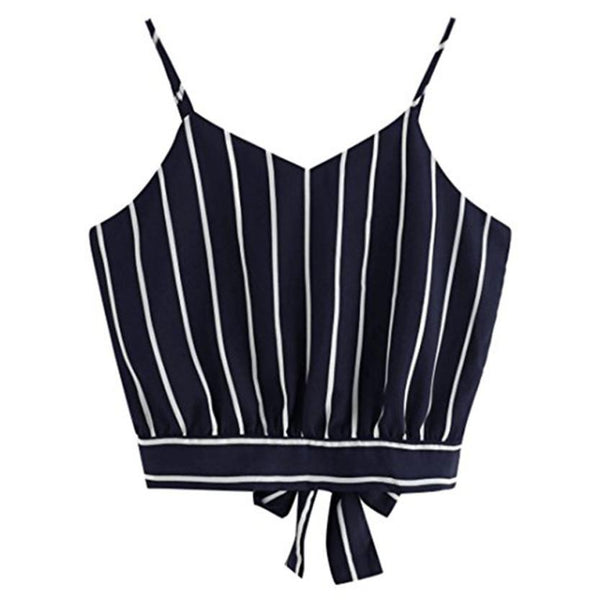 Summer Sexy Crop Tops Women Self Tie Back V Neck Striped Crop Cami Top Camisole feminina Halterneck Tank Tops Short Vest