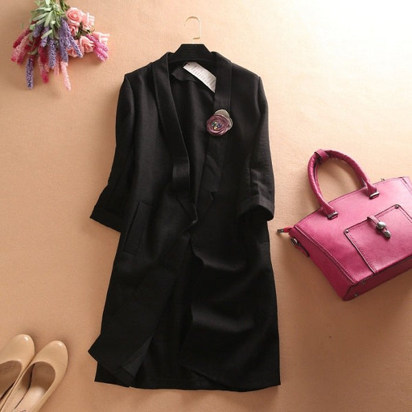 Female Long Linen Open Stitch Blazer Womens Quality Spring Summer Three Quarter Sleeve Solid Lapel Suit Cardigan Jacket