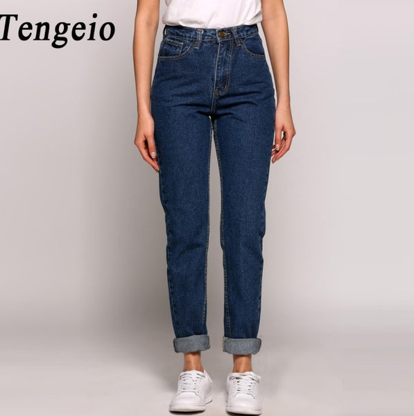 Female Pants Summer Boyfriend Jeans For Women Vintage High Waist Washed Button Blue Denim Long Harem Jeans Zip Femme Trousers