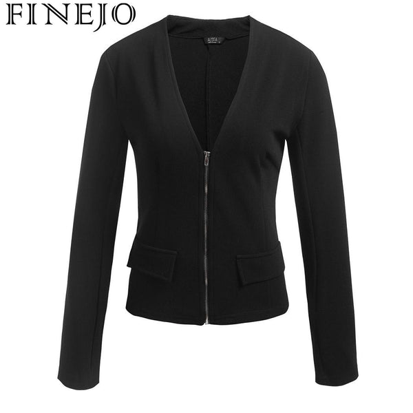 Slim Fit Fake Pockets Blazer Jacket Women Solid V-Neck Long Sleeve Front Zipper Spring Autumn Jackets Casaco Feminino