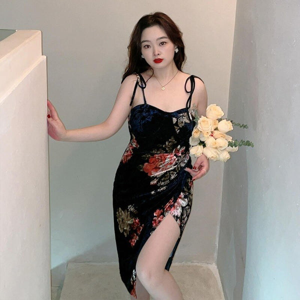 Floral Print Sexy Bodycon High Split Dress Women 2023 Sleeveless Dress Party Club Elegant Backless Vestidos Robe Femme X188