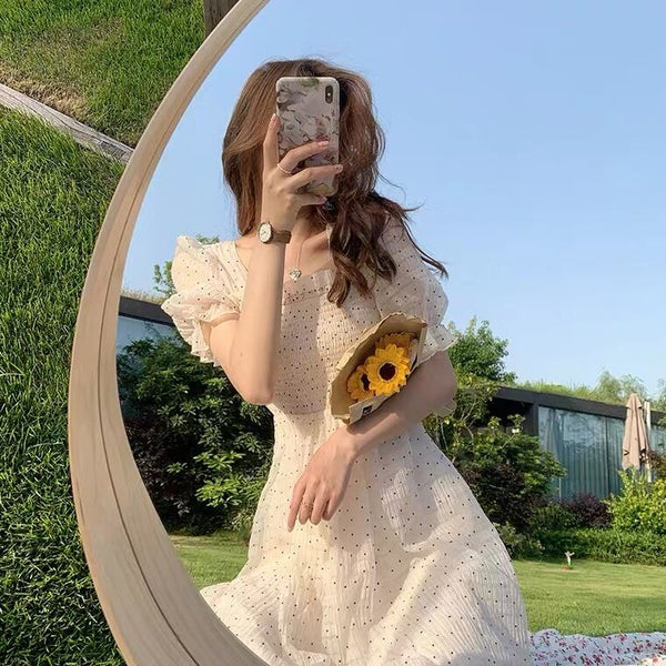 Floral Sweet Lace Dress Short Sleeve Chiffon Elegant Dress Korean Style Square Collar Party Dress for Female Dot Summer 2022