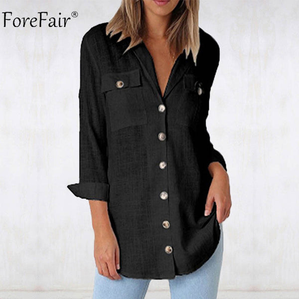 Pocket Casual Shirt Women Long Sleeve Summer Autumn Button Up Loose Tops Office Ladies White Blouse