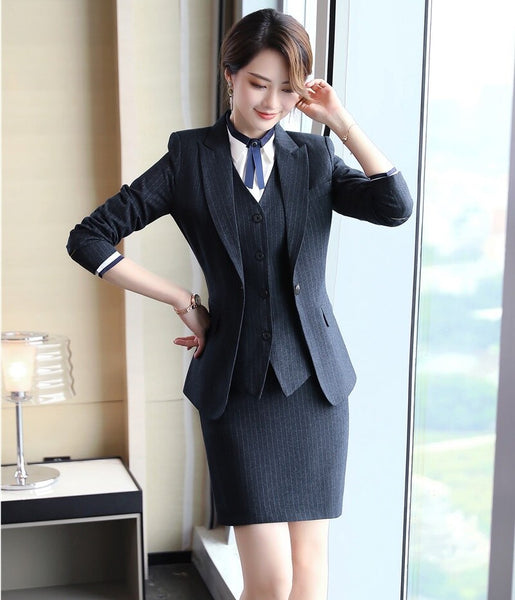 Formal Ladies Black Blazers Women Business Suits with 3 Piece Skirt, Jacket and Waistcoat Vest Sets Office Uniform Styles