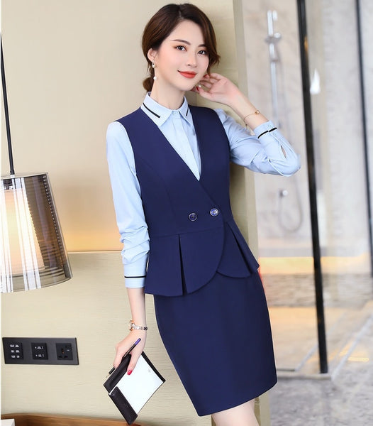 Formal Uniform Designs 2 Pieces With Vest and Skirt For Ladies Professional Office Work Wear Vest & Waistcoat Set Business Suits