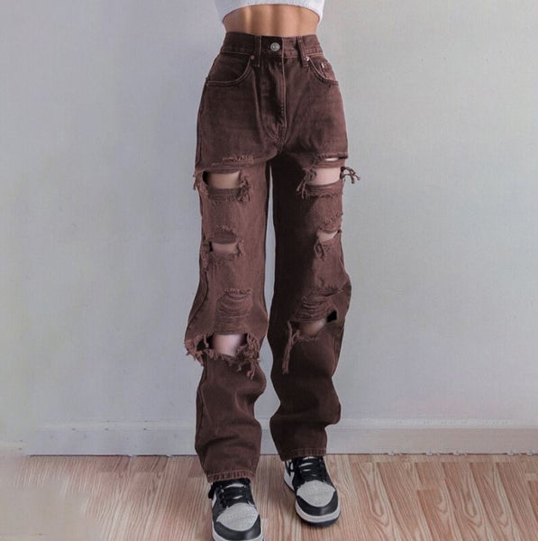 Frayed elastic retro hole loose and thin European and American Harajuku street hip-hop trend Y2K straight jeans women