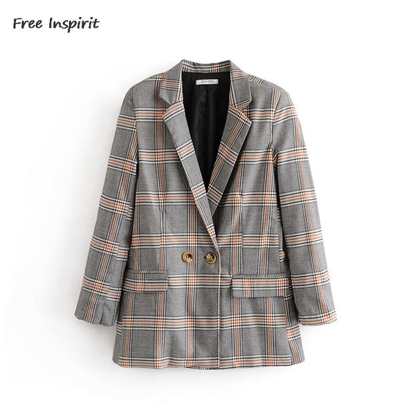 New Fashion Spring&autumn Women Classic Retro Gray Plaid Long Section Long-sleeved Suit Jacket