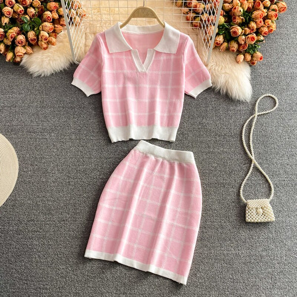 French plaid knit suit skirt 2022 summer slim shirt skirt Western style small two-piece suit