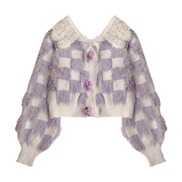 Fur Japanese Plaid Cardigan Sweaters Kawaii Women Y2K Autumn Loose Casual V-neck Single Breasted Kawaii Cropped Knitted Cardigan