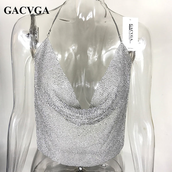 Crystal Diamond Sexy Backless Women Crop Tops Halter Tank Camis Cropped Bra Crop Top Strap Lady Party Vest T Shirt