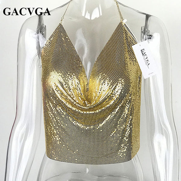 Sexy Backless Sequins Women Crop Tops Halter Tank Camis Summer Cropped Bra Crop Top Strap Ladies Party Vest Blusa