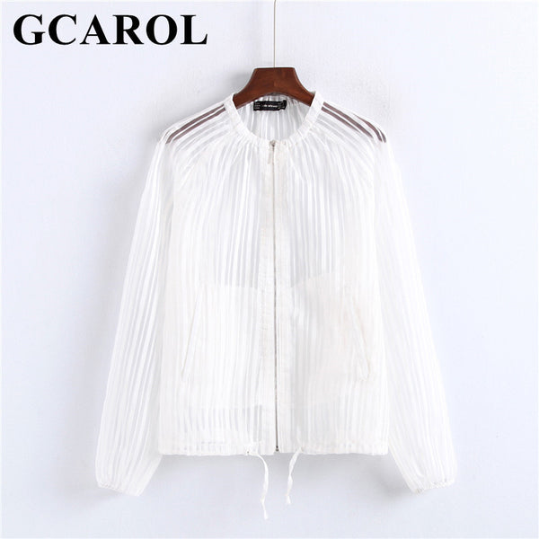 Women Summer Sunblock Clothing White Striped Sun-Proof Clothing Fashion Casual Zip Up Thin Jacket