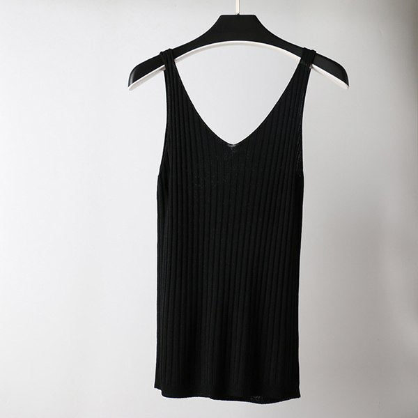 Summer Sleeveless V-Neck Sexy Knitted Tank Top Women Fashion Cotton Elastic Camis Female Vest Casual T-shirt Camisole