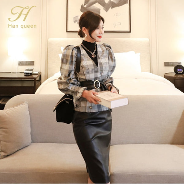 H Han Queen 2 Pieces Suits Women Autumn Plaid Printed Suede Work Sheath Bodycon Pencil Skirt Office Set