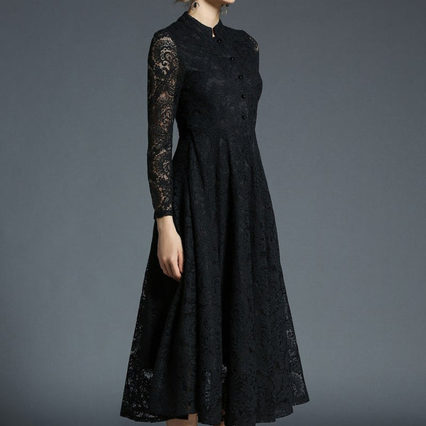 Spring Jacquard Lace Dress Women Hollow Out Single-breasted Casual Vestido Elegant Slim Party Work Long Dresses