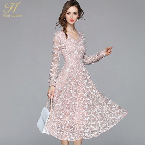 2022 Summer Lace Dress Work Casual Slim Work Women Party Dresses V-neck Sexy Hollow Out A-line Vintage Vestidos