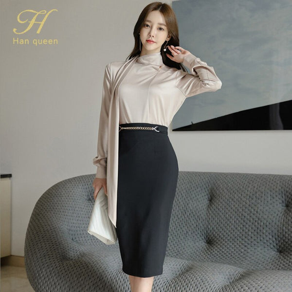 H Han Queen Autumn Sexy OL Work Wear 2 Pieces Set Women Chiffon Long Sleeve Elegant OL Pencil Bodycon Sheath Suit skirt