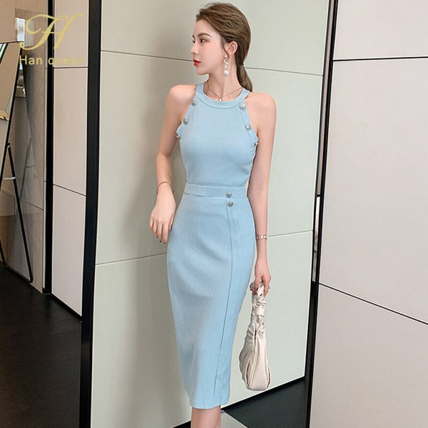 H Han Queen 2 Pieces Set Women 2022 Summer Sleeveless Crop Top And Sheath Bodycon Pencil Skirts Korean Chic Office Lady Suit