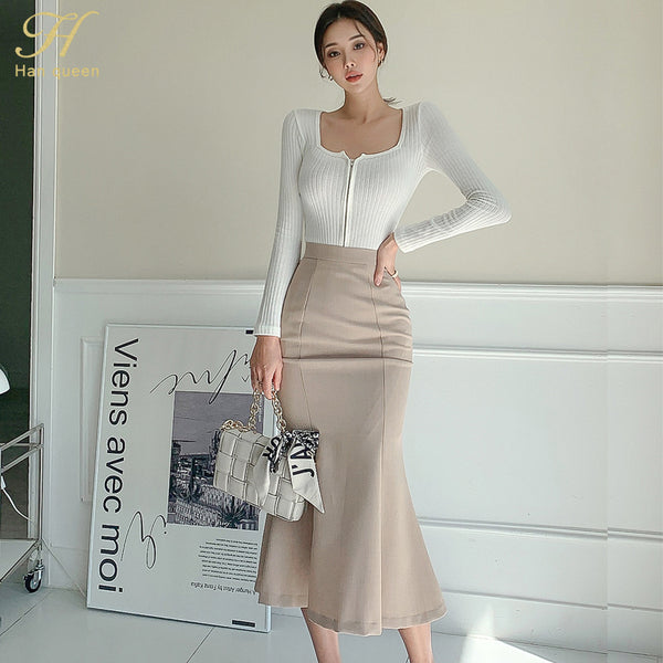 H Han Queen 2 Pieces Set Women Autumn Knitted Zipper Top And High Waist Bodycon Mermaid Skirts Korean Chic Office Lady Suit