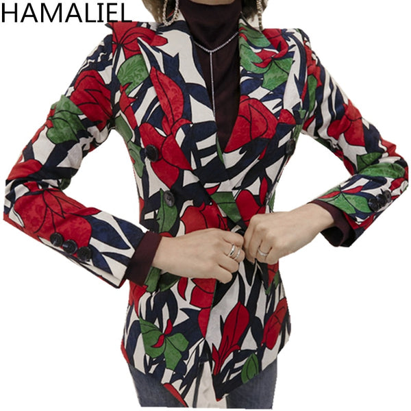 Fashion Korean Summer Women Blazer Coat 2022 Runway Printted Flower Double-Breasted Long Sleeve Office Blazer Coat