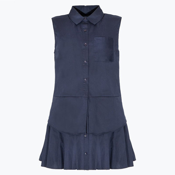 HDY Summer Women Preppy Style Solid Button Down Drape Pleated Insert Collar Sleeveless A-Line Mini Dress