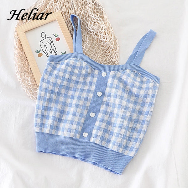 HELIAR Women Knitted Plaid Crop Tops Female Button Up Straps Streetwear Blue Camisole Cute Crop Tops For Women 2022 Summer