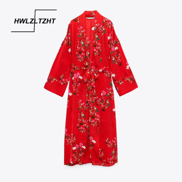 HWLZLTZHT Woman 2022 Vintage Print Red Long Summer Dress Women Belt Lapel Long Sleevele Robe Elegant Casual Ladies Dresses