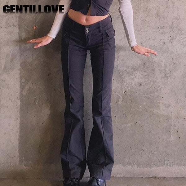 Harajuku Low Waist Rise Flare Pants Women Vintage Black Y2k Jeans Black Denim Baggy Pants 90s Aesthetic Slim female Trousers