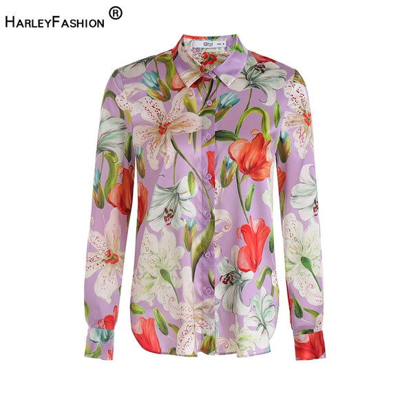 HarleyEuropean American High Street Design Women Flower Printing Shirt Romantic Pattern Purple Loose 70% Silk Blouse