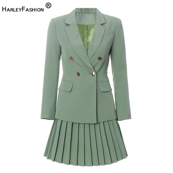 HarleyFall Spring Design Quality OL Skirt Suits Slim Blazer Short Pleated Skirt Green Office Lady Two Pieces Sets