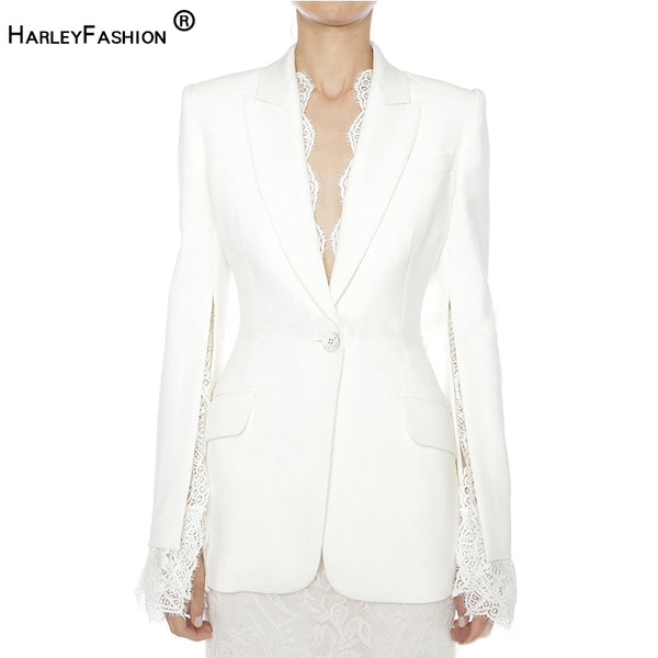 Harley European American Single Button Solid Designing Formal Lace Patchwork Blazer Outerwear Jackets