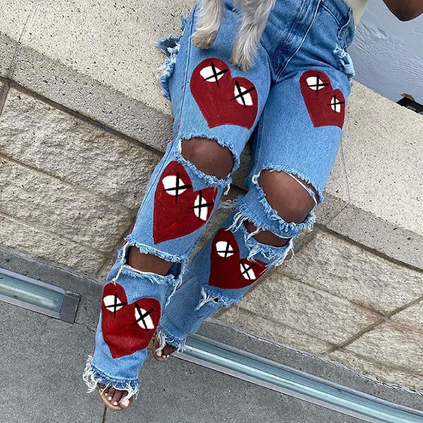 Heart Print Denim Cut Out Distressed Jeans For Women Baddie Clothes Streetwear High Waist Baggy Pants in Blue Fashion
