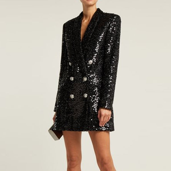 2022 Designer Blazer Women Double Lion Buttons Shawl Collar Glitter Sequined Long Runway Black Blazers