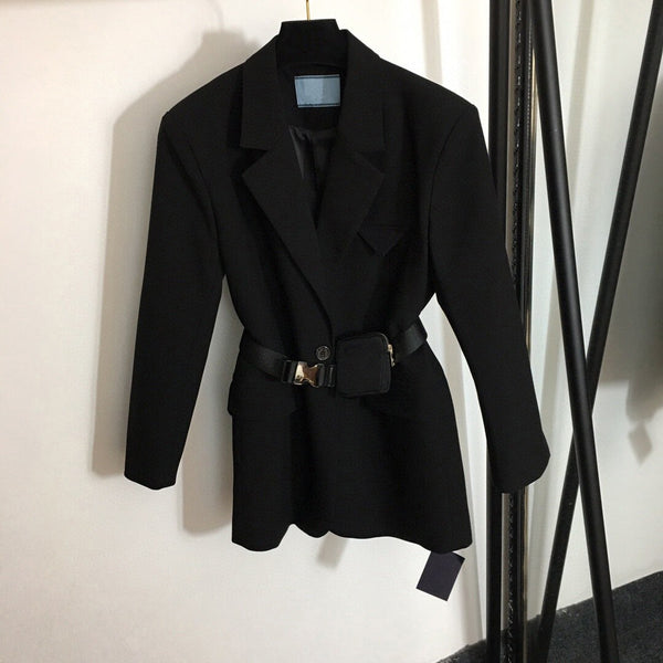 Winter and Autumn Women Triangle Logo Zipper Belt Bag, Single-breasted Lapel Long-sleeved Blazer Jacket
