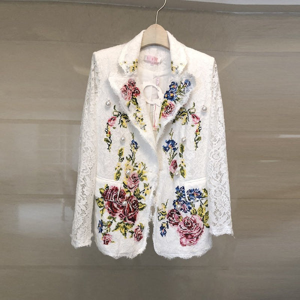 High Quality Women Lace Crochet Embroidery White Blazers Jacket Coat Summer Sexy Hollow Out Long Sleeve Blazer Suit Outerwear