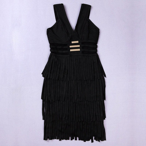 High Quality Women's Elastic Knitted White HL Deep-V Sleeveless Sequined Tassel Bandage Dress Celebrity Sexy Party Dress