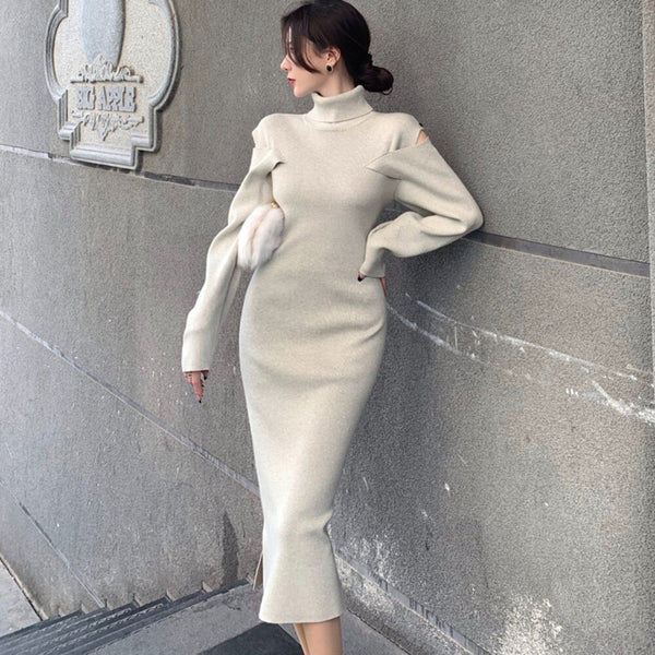 High-neck Knitted Women's Dress Long Sweater Skirt Bodycon Plain Spring Fall Winter Solid Color Elegant Female Clothing