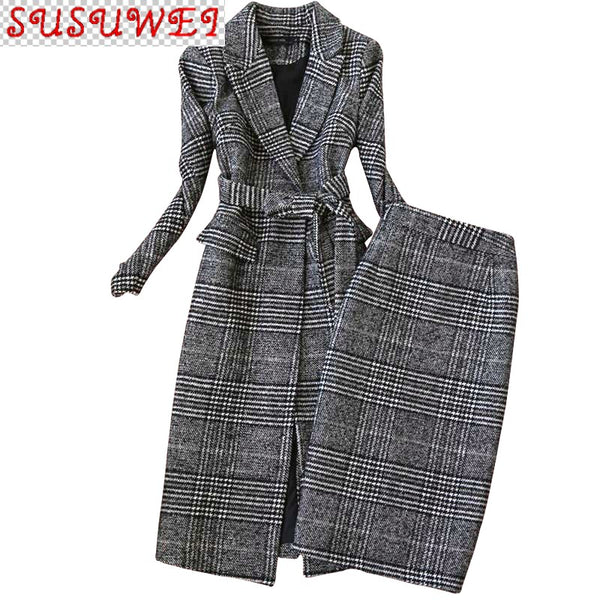winter women's suits skirt set 2022 temperament slim wool long ladies coat jacket Slim skirt two-piece