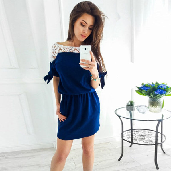 Hollow Out Bow Pockets Lace Patchwork Summer Dress Women's Fashion Batwing Sleeve O-Neck Casual Loose Mini Dresses 2022
