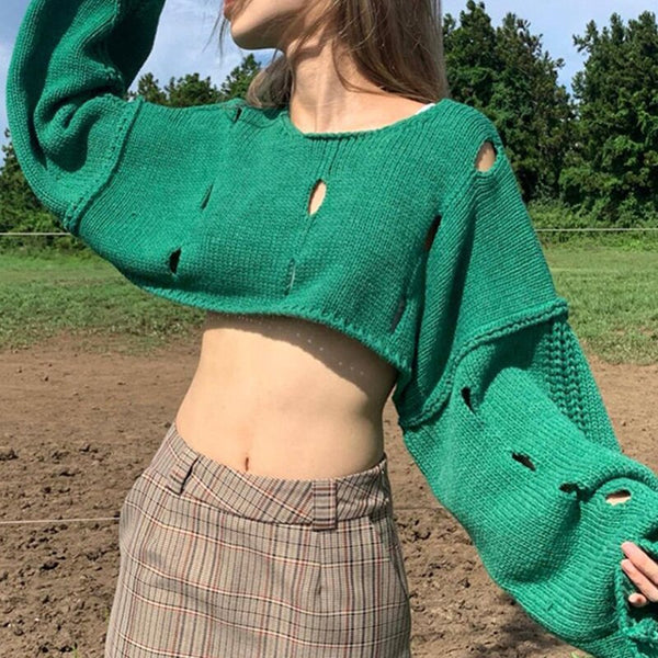 Hollowed Out Green Y2K Short Sweaters Preppy Style Knit Pullover Long Sleeve Oversized Sweater Autumn Winter Crop Top Streetwear