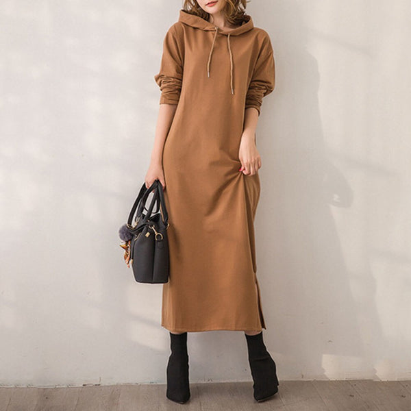 Dresses For Women Winter 2022 Temperament Loose Dress With Hooded Collar Simple Khaki Pure Color Long Sleeve