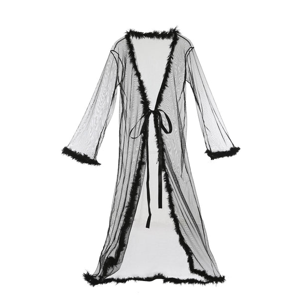 Hot Sexy Women's Long Sleeve Lace See Through Solid V Neck Long Dress Sexy Robe Sheer Night Set