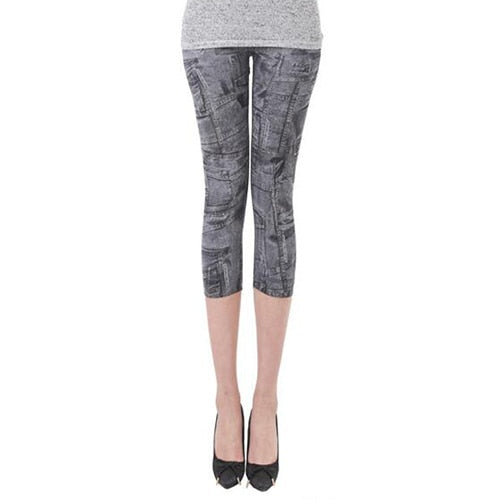 Hot Summer Spring Women Casual Seamless Imitation Cowboy Printed Leggings Stretch Skinny Cropped To the Calf Leggings Half Pants