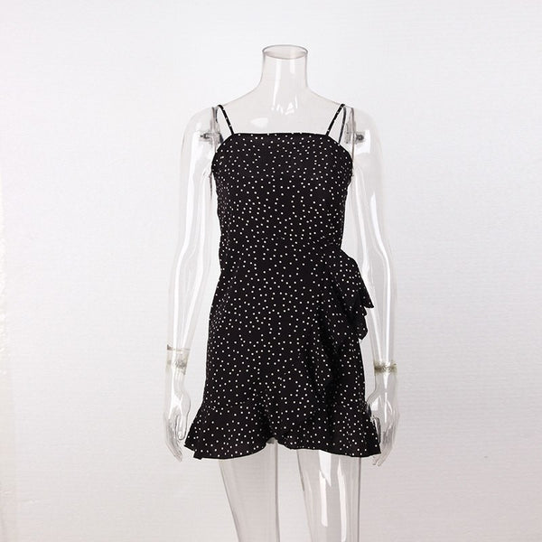 Spaghetti straps slash neck dots bandage high waist dresses 2022 woemn fashion ruffles summer dress