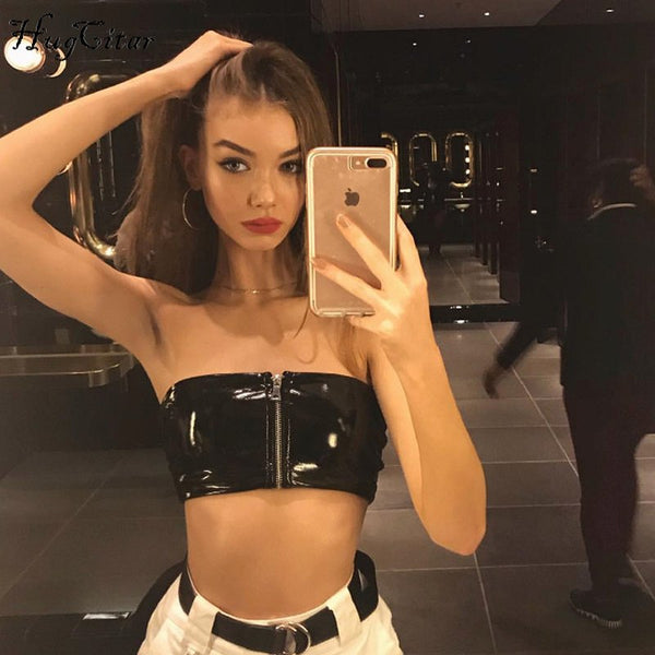 black stretchy PU leather zipper tank top 2022 women crop top fashion party club wear sexy camis