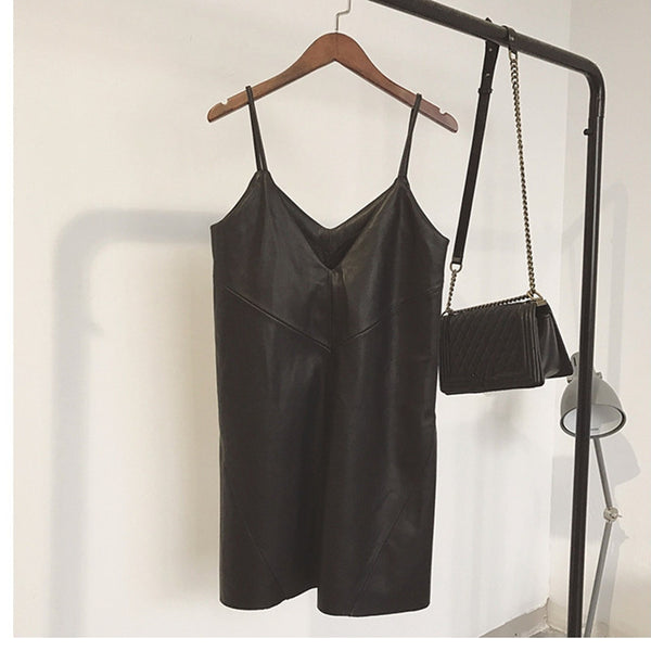 Women Sexy Faux Leather Midi Dress Winter Sleeveless Bottoming Dresses Autumn New Black Strap Soft PU Sundress Plus Size