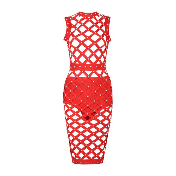 New Arrival Sexy Hollow Out O Neck Midi Beading Fashion Summer Women Lady Bandage Dress Femme Vestidos