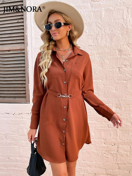 JIM & NORA Women Long Sleeve Soild Colour Mini Dress Autumn Office Polo Collar Shirt Dresses Buttons Loose Vestidos New